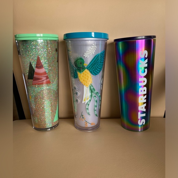 Starbucks Quetzal Bird Flowers Oil Slick & xmas Vinti Tumblers W/ lid. No straws - Picture 1 of 9